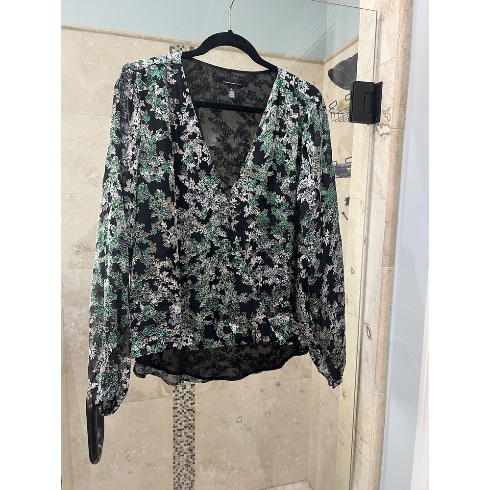 White House Black Market Green Leaf Burnout Silk Blend Faux Wrap Top L